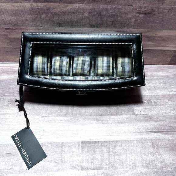 Drexel Heritage Mens Plaid Black Leatherette 5 Slot Watch Jewelry Organizer Box - Picture 1 of 10